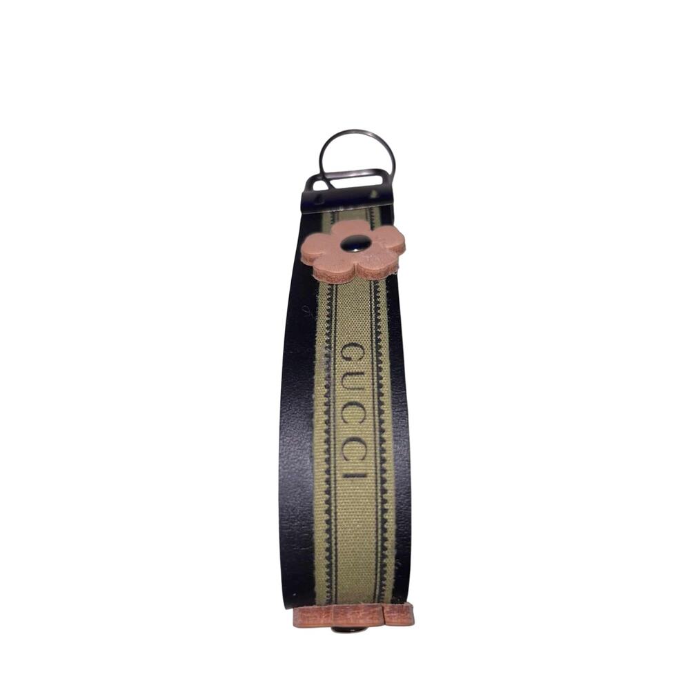 Handmade Repurposed Keychain from Gucci Bag Leather Canvas & Flower Accent